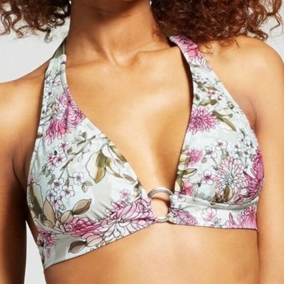 NEW NWT MOSSIMO Ring Halter Triangle Bikini Top Green Pink White Floral JRS ? XL - Picture 3 of 14